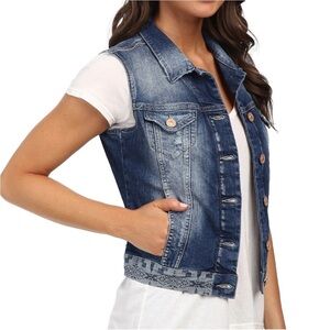 Mavi Jodi Denim Jean Vest Boho Bohemian Western Aztec Distressed, size S